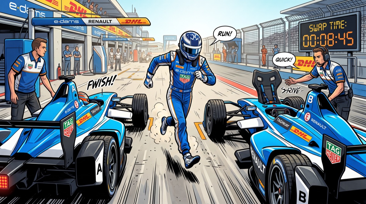 A Gen1 driver sprinting full-stride between two identical Formula E cars at pit lane, race helmet still on, the second car ready with its cockpit open—the car swap era's most athletic moment