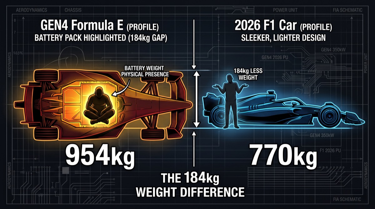 Two open-wheel race car silhouettes in profile, one labeled GEN4 with a glowing yellow battery pack taking up most of the chassis, one labeled F1 in cool blue—the gap between them measured out in kilograms, the battery outlined in the first car with the visual weight of a second passenger
