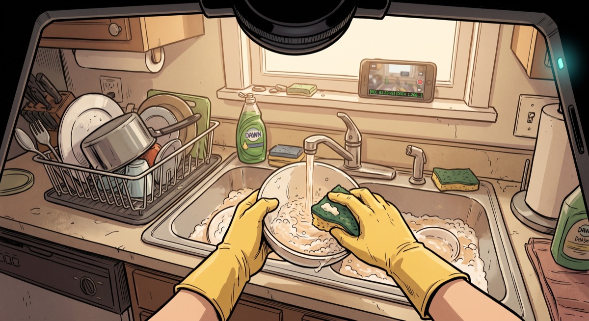 An anonymous first-person view from head height: hands in frame, a stack of dishes, the clinical precision of someone who knows exactly what footage is needed and has been providing it for three hours