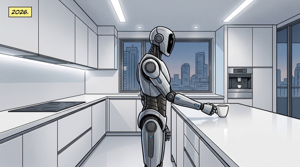 A sleek household robot standing in a clean kitchen, functional and precise, lifting a cup with exact competence—everything Rosie promised about the work, and nothing she promised about the company