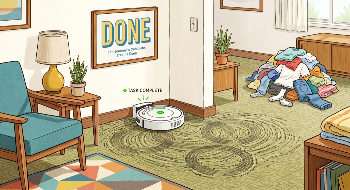 The Roomba, alone in a living room, having bumped into the same corner four times—the gap between the promise and the delivery, rendered in plastic and a charging dock
