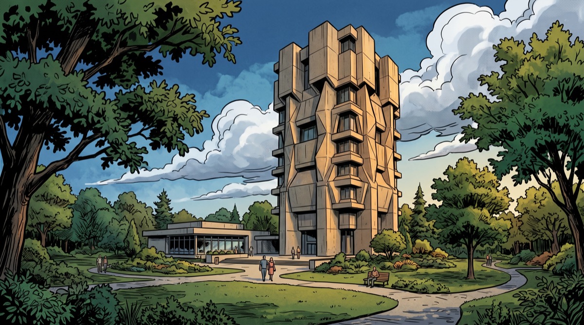 The Obama Presidential Center's campus in Jackson Park—the brutalist museum tower catching afternoon light, the garden paths below it, the NBA court building at the far edge—a thing that took eleven years and a parking garage fight to make real