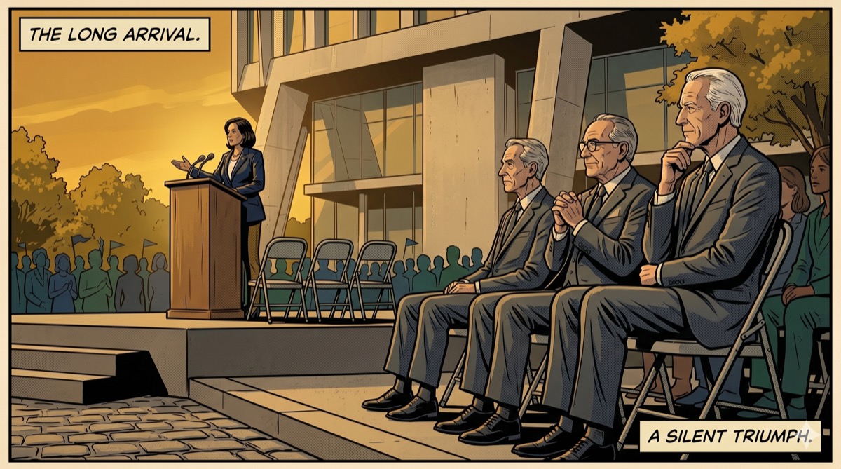 Three former presidents in front-row chairs, Michelle Obama at the podium behind them, Jackson Park in soft afternoon light—the geography of a moment that took eleven years to arrive