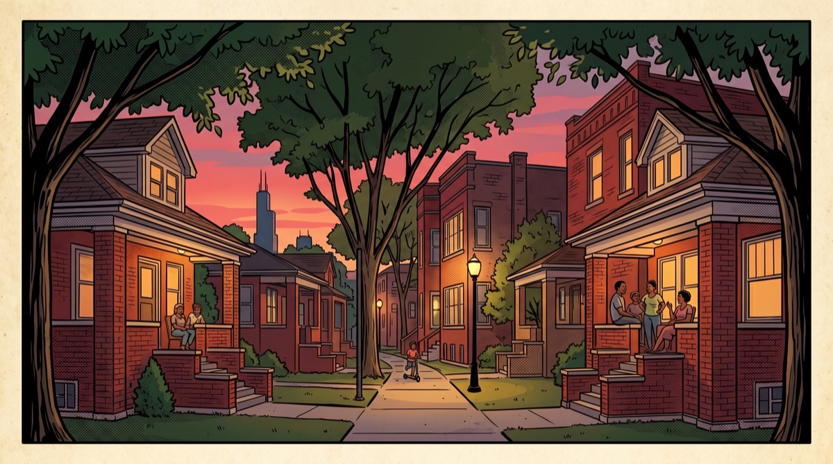 South Side Chicago at dusk—the towers of Jackson Park visible in the distance, neighborhood porches lit, the feeling of a place that has been waiting for something for a long time and has just received it