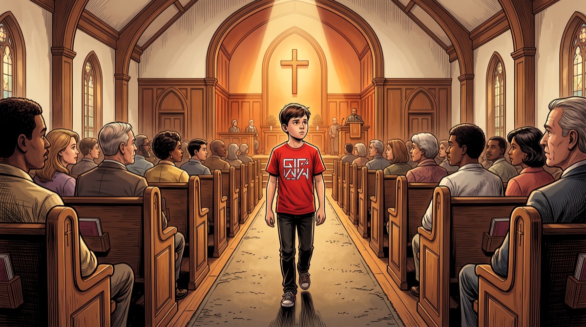 A boy in a red sci-fi-font T-shirt walking down a church aisle toward the light, pews on both sides full of people, his face holding an expression that might be peace or might be something that hasn't been named yet