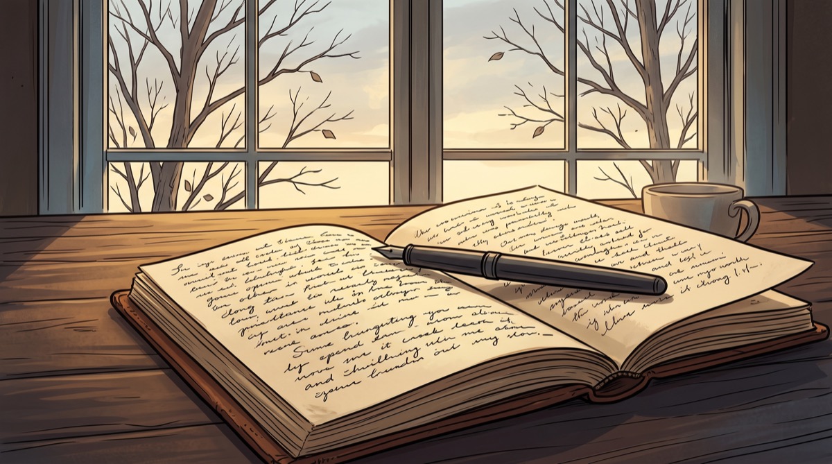 An open journal on a table, pen laid across the spine at a slight diagonal as if set down mid-sentence and not yet retrieved, bare November trees through a window behind it, autumn afternoon light that is golden but cooling