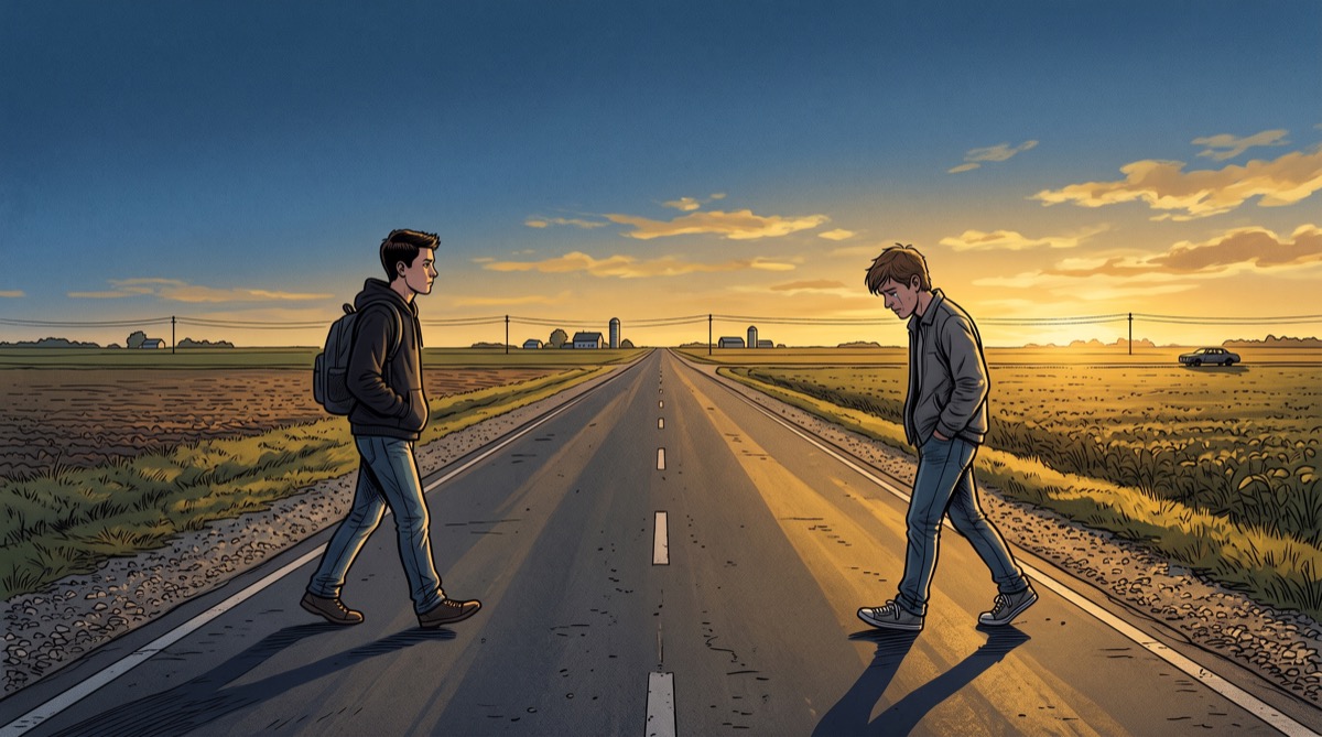 Two teenage figures walking toward each other on a straight two-lane road through flat North Carolina farmland, late afternoon light, one figure's posture suggesting they've been crying, a car parked far in the distance behind one of them
