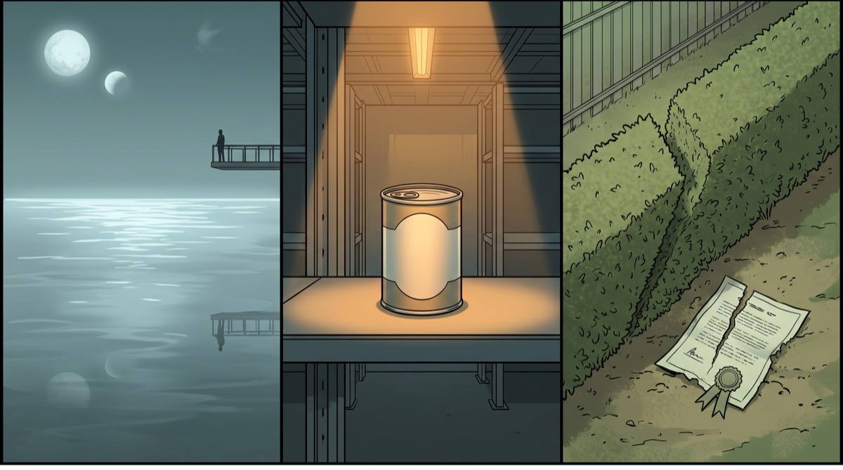An ocean that never answers, a soup can nobody opens, and a treaty line redrawn through a hedge—three new arrivals sharing a frame and, apparently, a filing cabinet