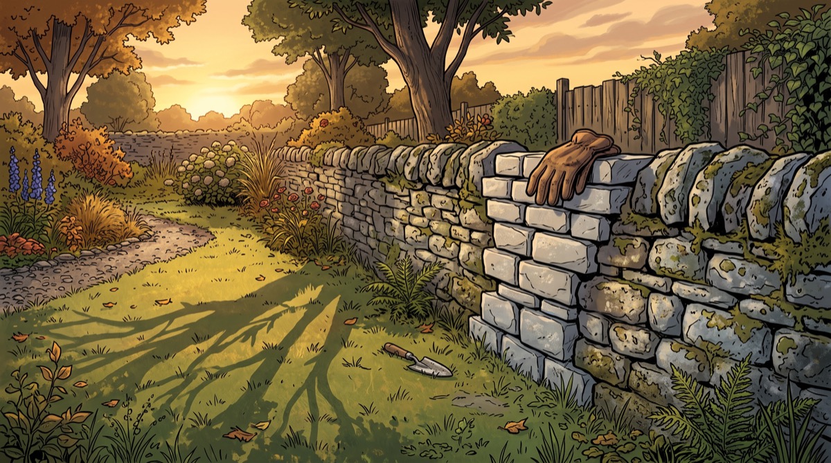 A stone wall running through a quiet backyard, one section freshly rebuilt and slightly out of true with the rest, a pair of work gloves left on top mid-task, no one currently in frame to explain which side needed the wall in the first place