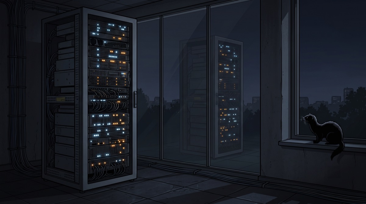 A server rack reflected in a dark window, its own indicator lights the only thing visible in the glass, no operator in the room to confirm what, if anything, is looking back