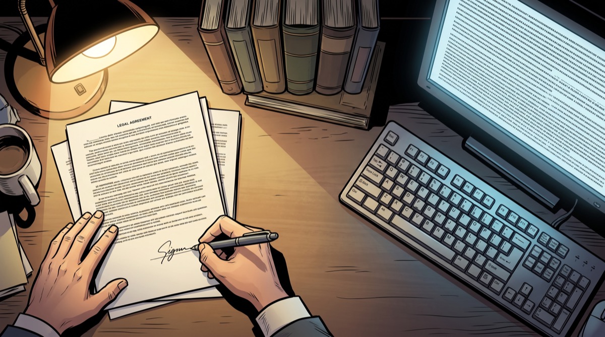 A pair of hands at a desk, one signing a contract, the other on a keyboard, the arithmetic between what was taken and what was returned visible in neither document