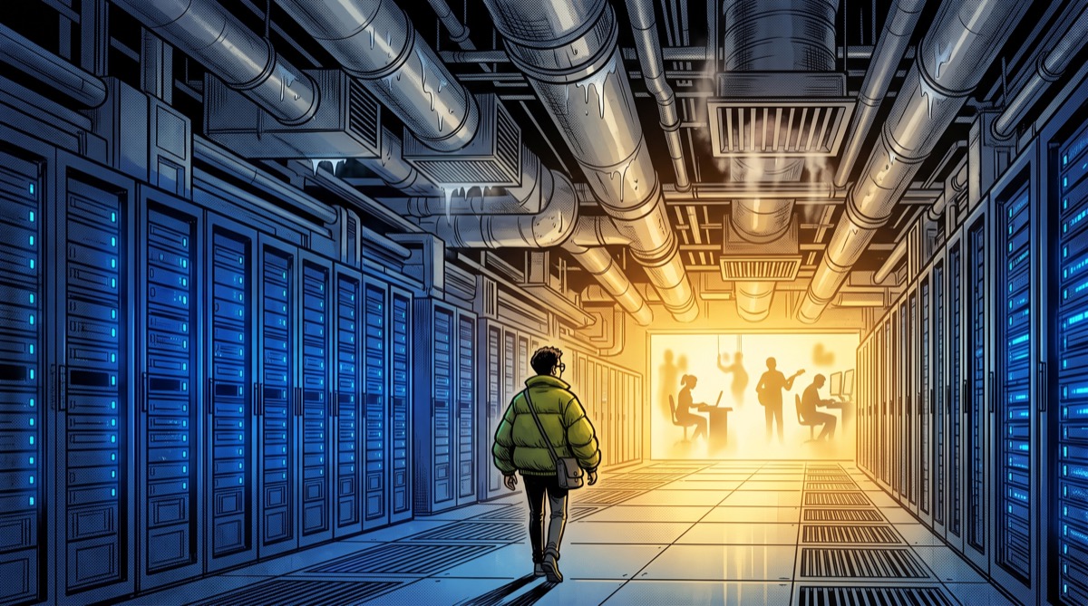 A figure in orange-tinted glasses stands before a vast glowing server room, silhouettes of writers and musicians and coders dissolving into the light at the far end—the distance between the person and the product is the whole argument