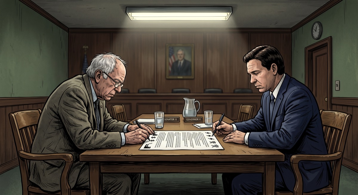 A senator from Vermont and a governor from Florida sit across a committee table, each reading the same one-page bill and drawing a different conclusion in the margin