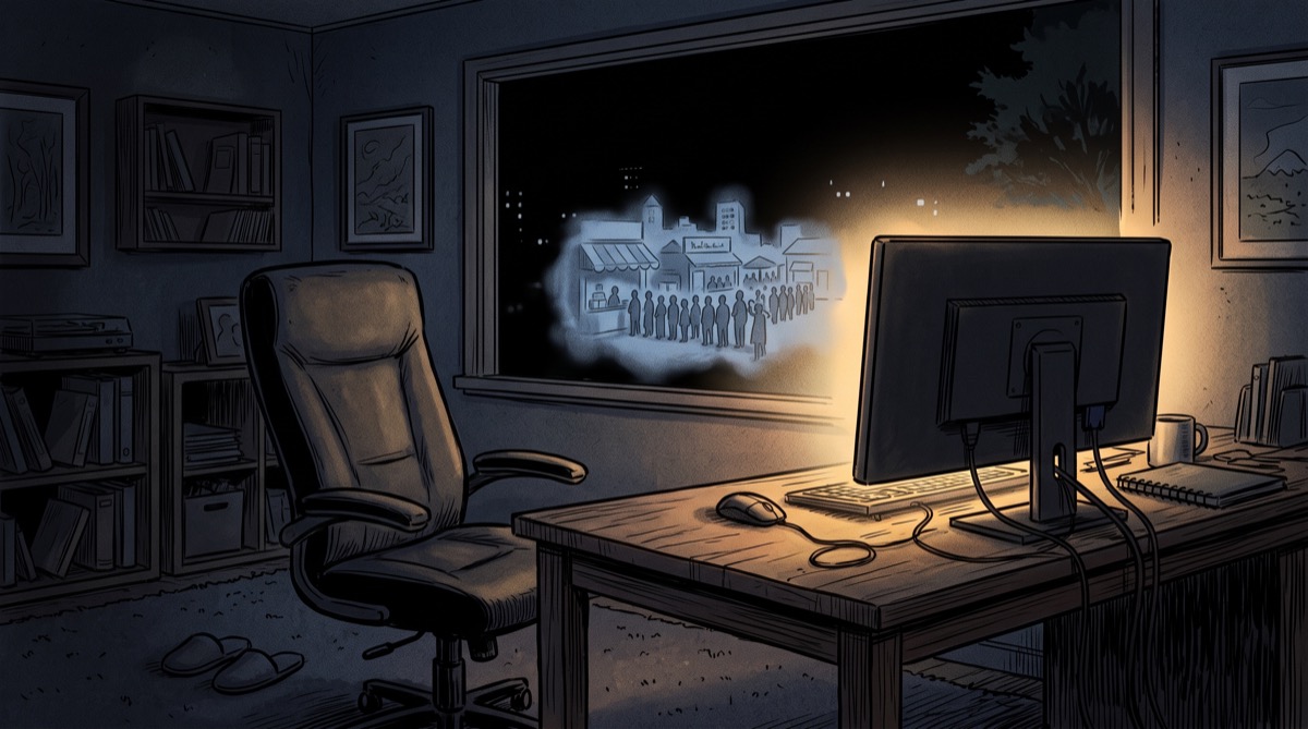 A coding agent's terminal, angled away from the reader, casts a soft glow on an empty desk chair; on the monitor's reflection in a nearby window, faint outlines of a marketplace taking shape—storefronts, listings, a queue of tiny human silhouettes waiting to be hired