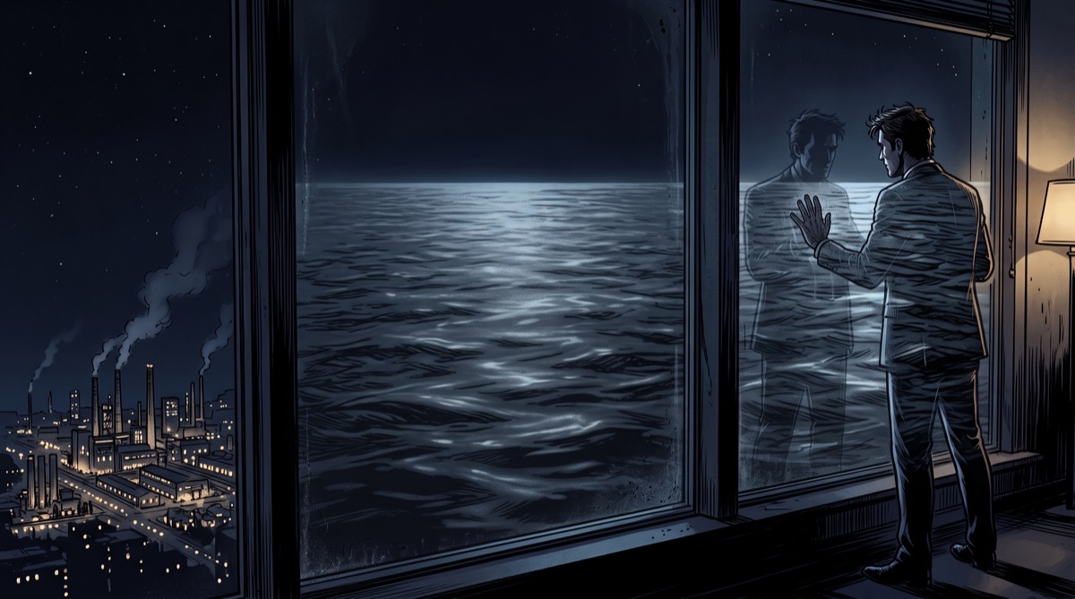 Two robed figures observe a distant industrial facility through a window: one wears the vestments of a senator, the other the flat expression of an ocean that has been studied for decades without yielding a verb it would recognize as "wanting"
