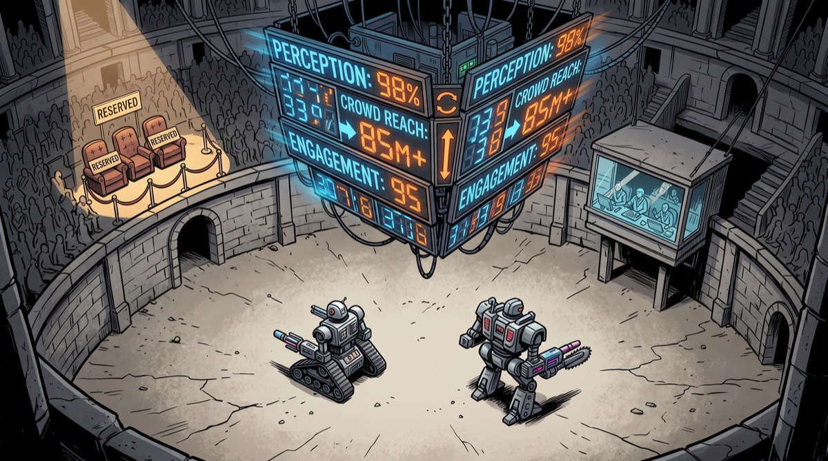 A leaderboard scoreboard suspended over a coliseum floor, its numbers visibly shifting as gladiator-robots below adjust their stances toward the judges' booth rather than toward each other