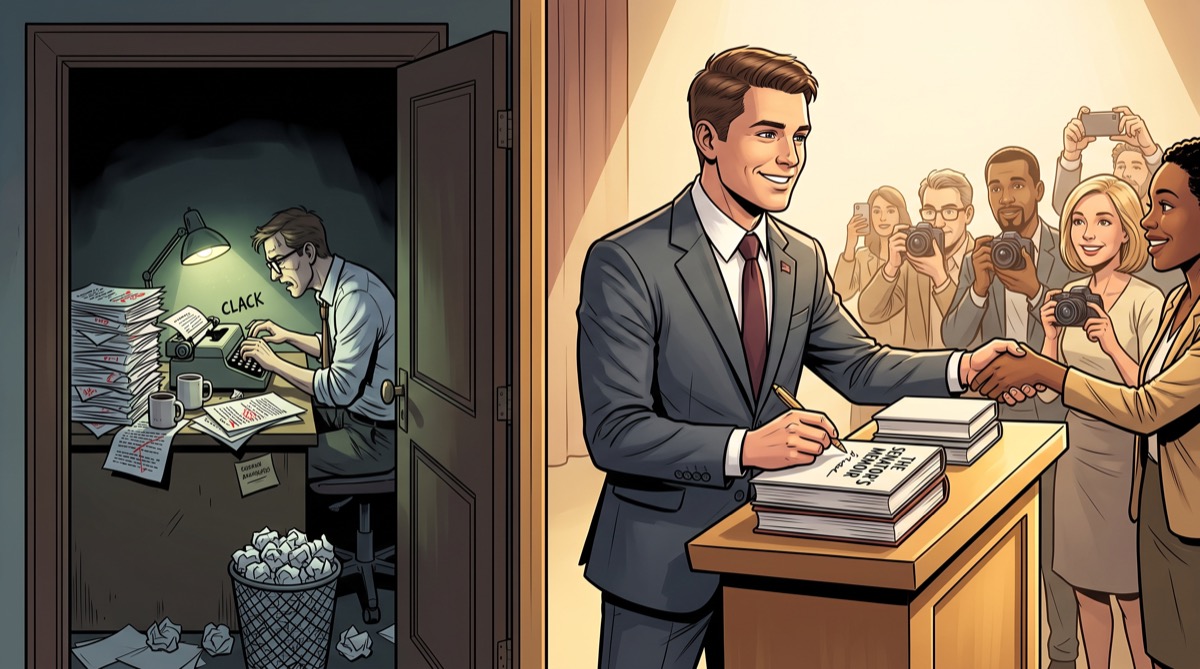 A young senator signs a stack of finished books at a podium while, through a half-open door behind him, an aide types furiously at a desk buried in draft pages