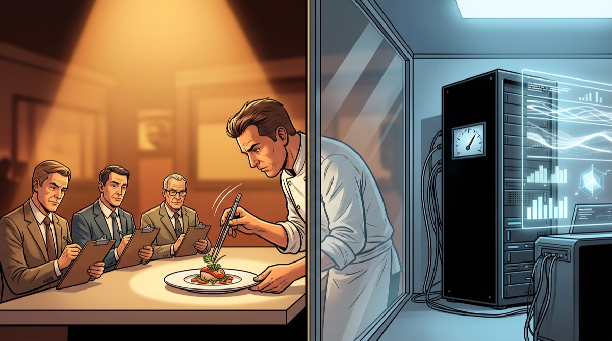A chef plating a single dish for three judges while, behind a glass partition, a server rack quietly answers its fortieth benchmark question of the hour
