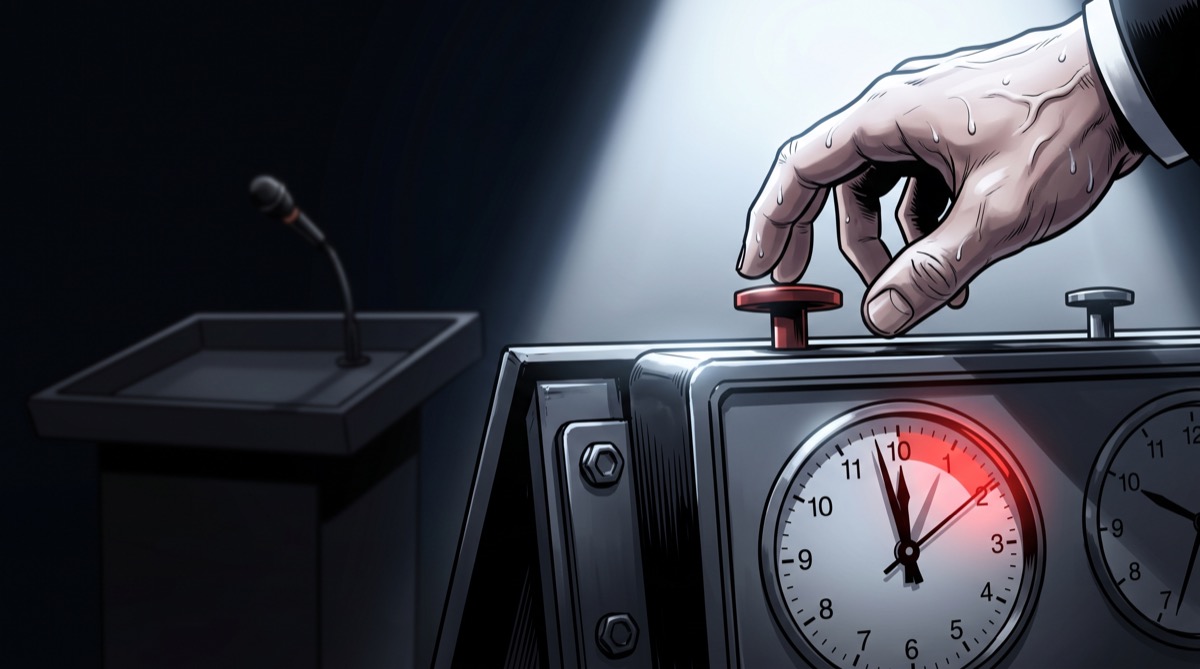 A debate podium fitted with an actual chess clock, the candidate's hand hovering over it with the specific tension of someone who has genuinely run out of time rather than performed running out of time