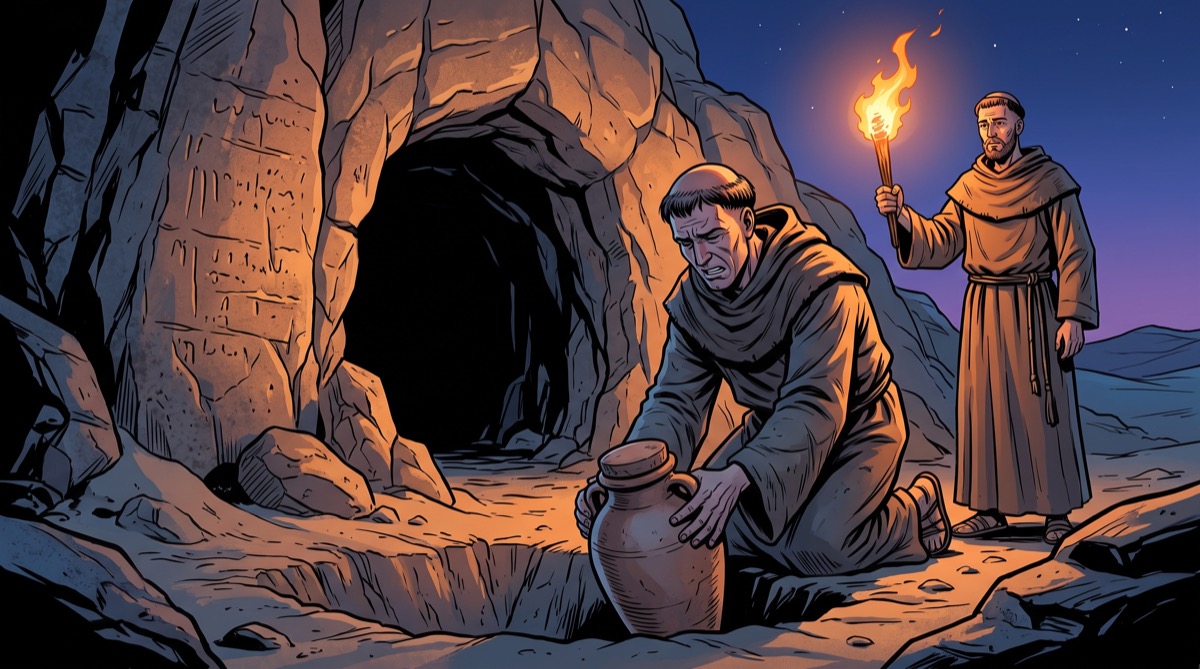 A monk lowers a sealed clay jar into a shallow pit at the mouth of a desert cave at dusk, his face caught between grief and resolve, while a second monk holds a torch and watches the cave wall where the first line of a psalm is carved