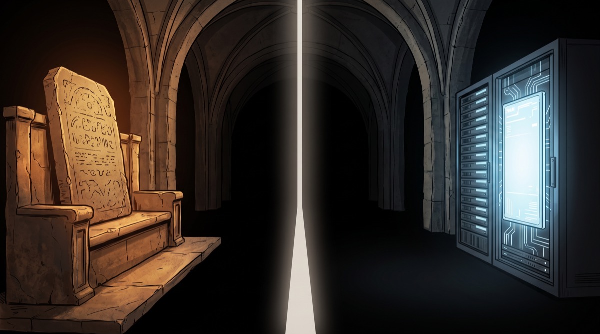 A judge's bench and an empty server rack are lit by the same shaft of light from opposite ends of a long dark hall, each holding a single inscribed tablet facing the other
