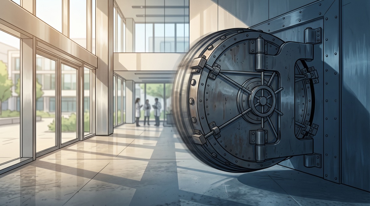 A vault door mid-swing in a bright research campus lobby, half the room still lit by the open side, half already in the shadow the closing door is casting