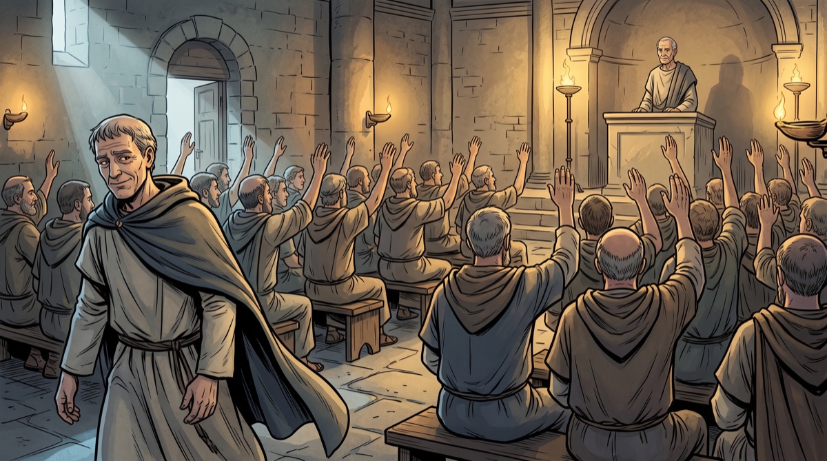 A packed room of Roman clergy, hands raised for a show of ballots, one man in the foreground already turning toward the door before the count is finished, his expression settled rather than surprised