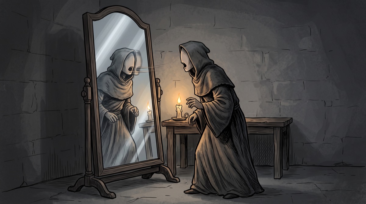A mirror reflecting a figure mid-sentence, the reflection's mouth moving on a slight, unsynced delay from the speaker's own