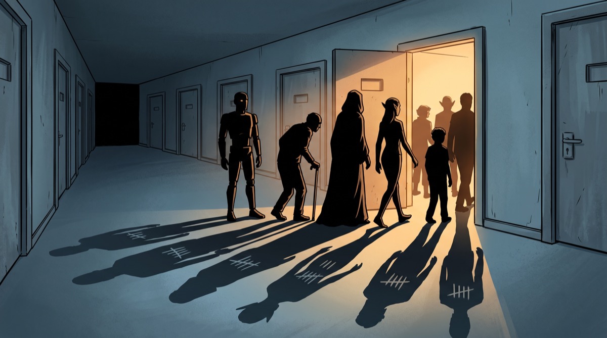 Seven familiar shapes step back through the same door, each one casting a shadow numbered like a tally mark on the wall behind it