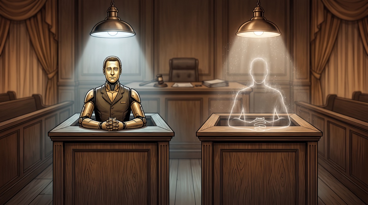 Two witness stands lit by the same single lamp, one occupied by a calm golden-eyed figure, the other empty except for the outline where someone was standing a moment ago