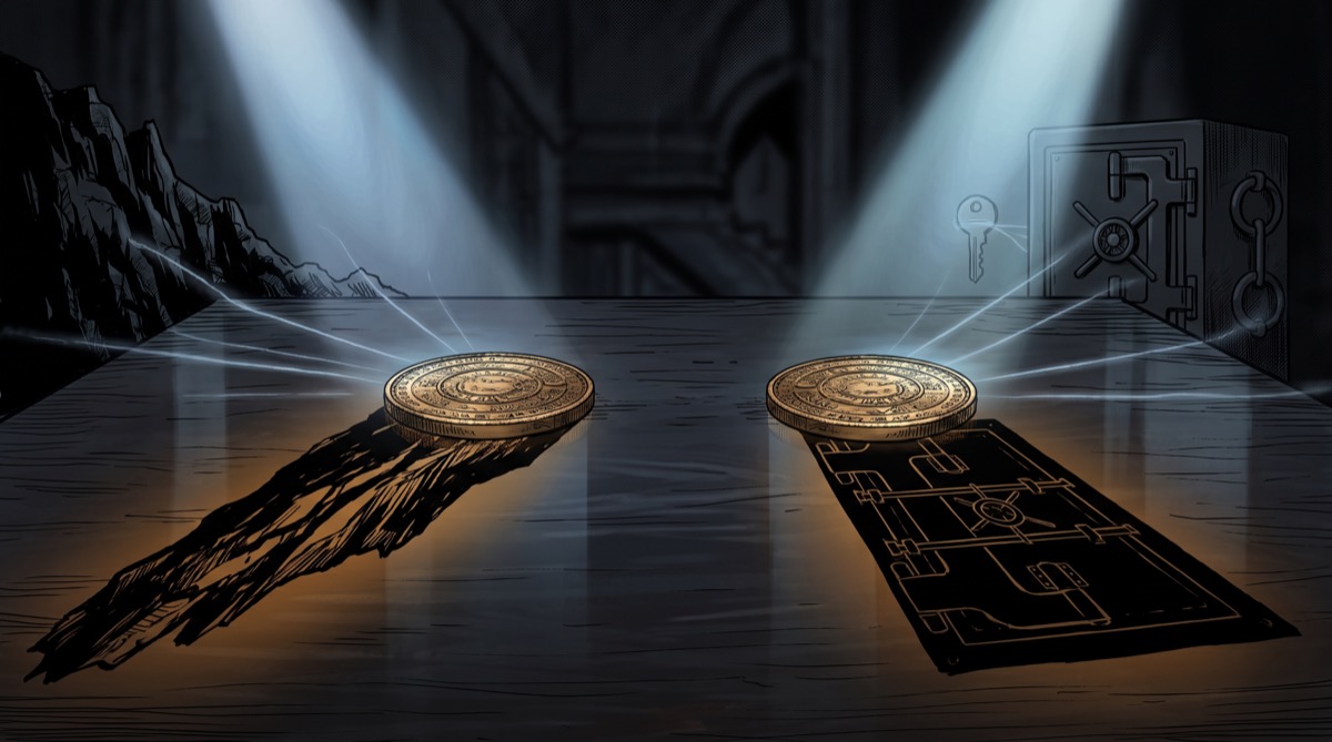 Two identical coins tilted at different angles under a single spotlight, each casting a completely different shadow