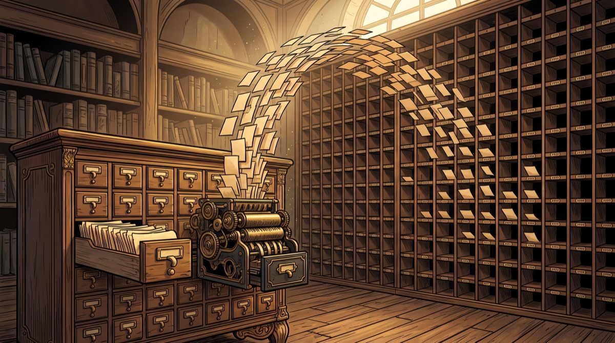 A card catalog being fed through a shredder, one card at a time, each fragment landing in its own numbered drawer