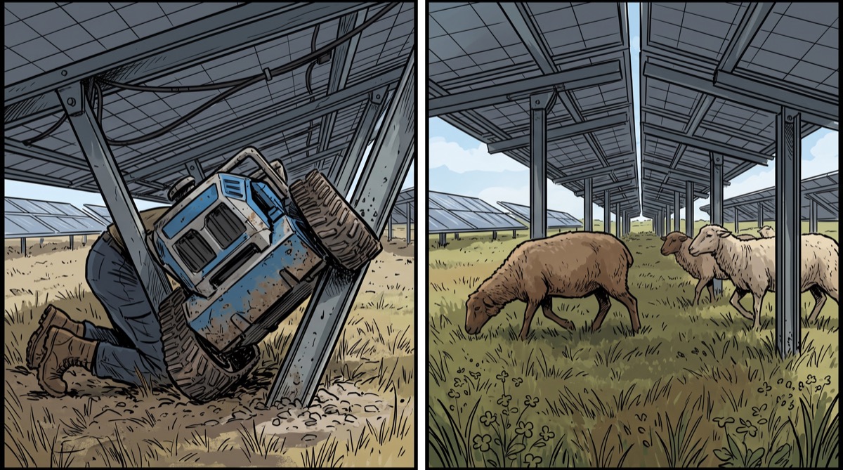 A tracked mower sits stalled and half-wedged beneath a low row of solar racking while, in the next row over, three sheep walk beneath the same panels without breaking stride