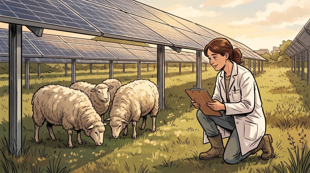 A researcher in a lab coat kneels at the edge of a solar array with a clipboard, watching a small cluster of sheep graze calmly in dappled shade, her expression somewhere between professional and quietly charmed