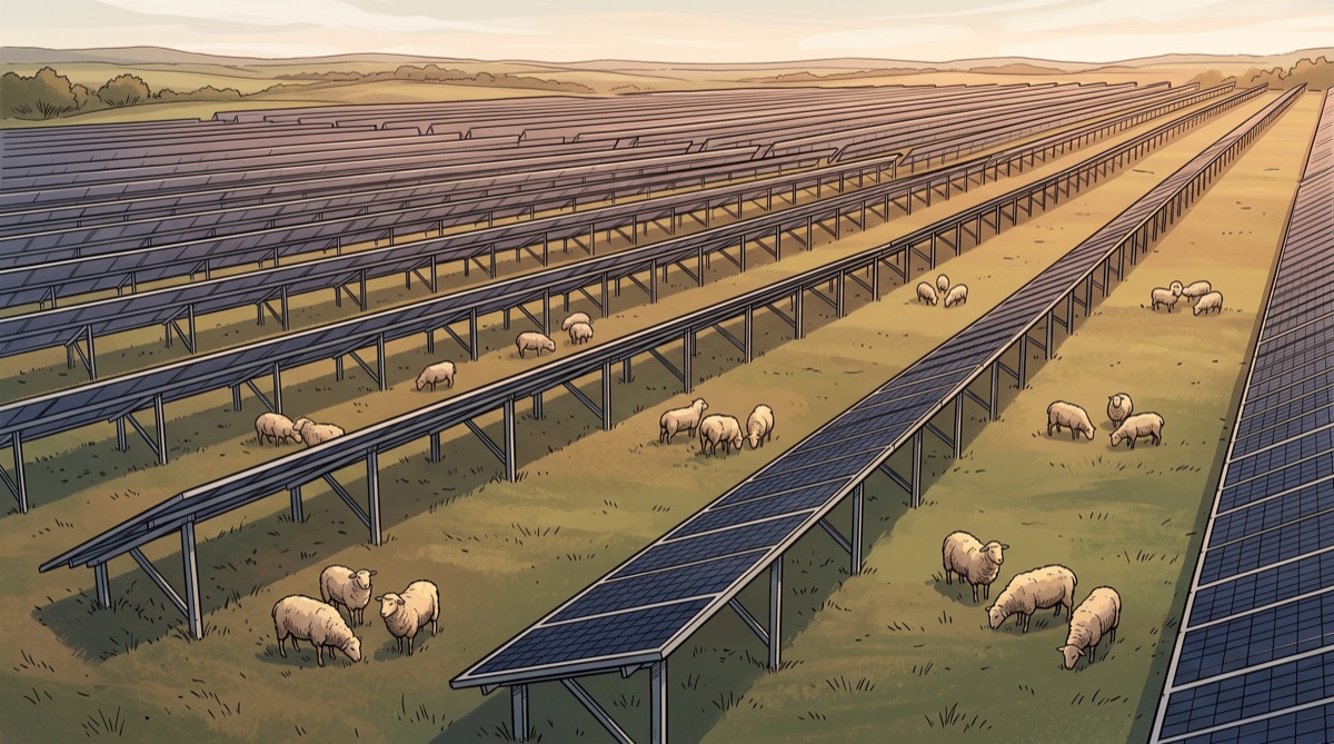 Rows of solar panels stretch to the horizon under a wide sky, with small clusters of sheep scattered loosely across the grass beneath them, each group at ease and none of them clustered together