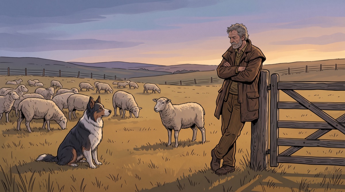 An old sheepdog sits motionless at the edge of a flock, ears angled toward a single sheep that hasn't moved yet, while a shepherd leaning on a gatepost watches the dog rather than the sheep