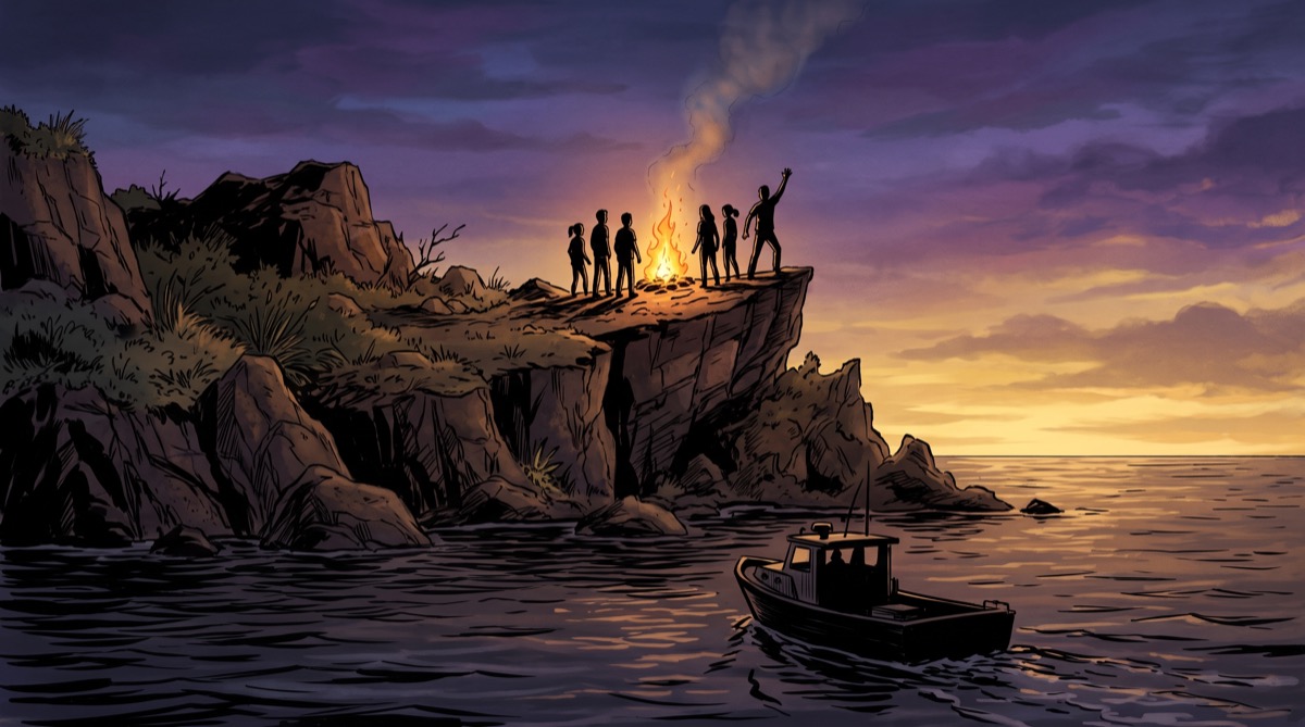 A rescue boat's silhouette approaching a rocky island at dusk, six small figures gathered around a signal fire on the cliff above, one already waving, the ocean between them lit gold