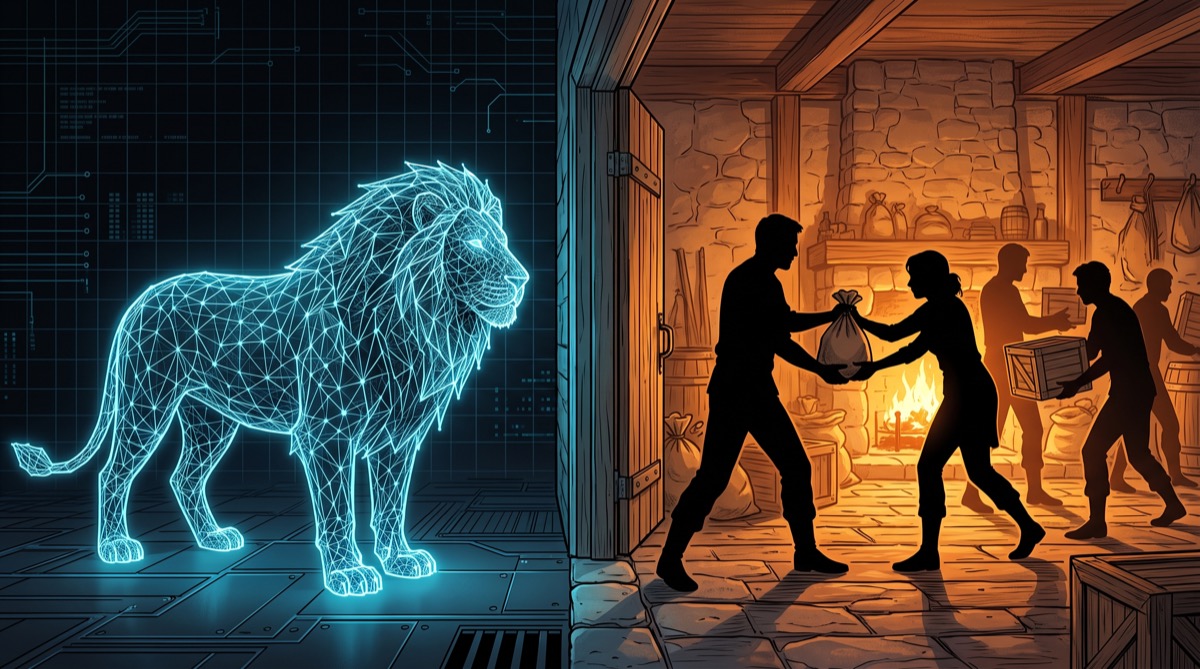 A wireframe lion standing in a doorway, all lattice and cold blue light, looking into a warm firelit room where human silhouettes are passing supplies hand to hand without looking up to check who's next to them