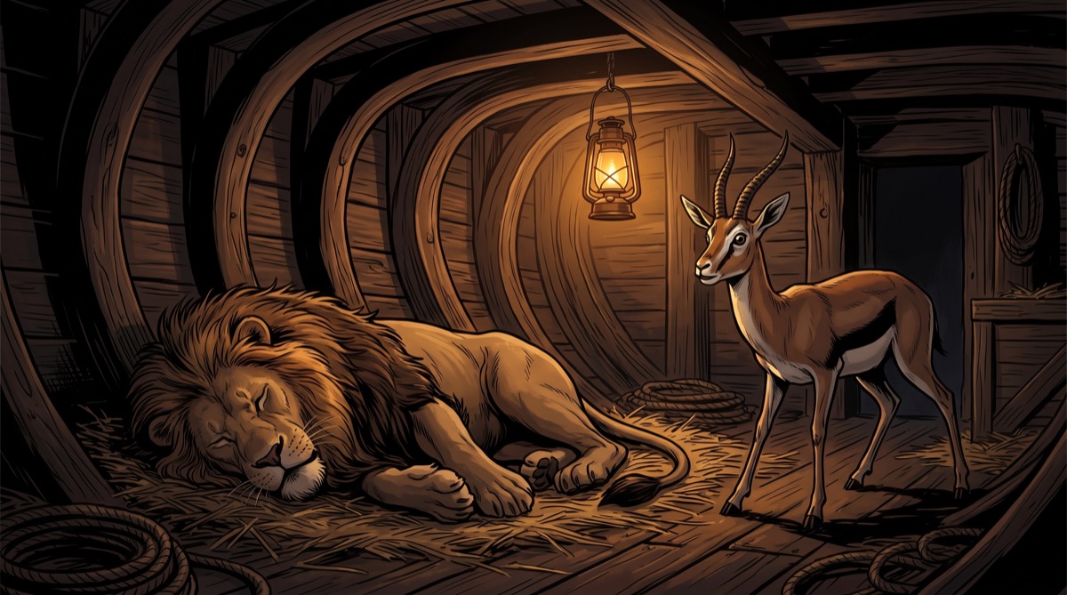 A vast lion curled in heavy, dreamless sleep against the ribs of a wooden hull, an alert gazelle standing rigid an arm's length away in the lantern light, neither one looking at the other