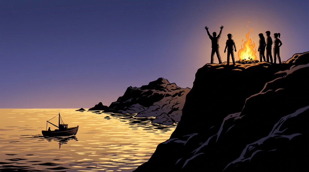A rescue boat's silhouette approaching a rocky island at dusk, six small figures gathered around a signal fire on the cliff above, one already waving, the ocean between them lit gold