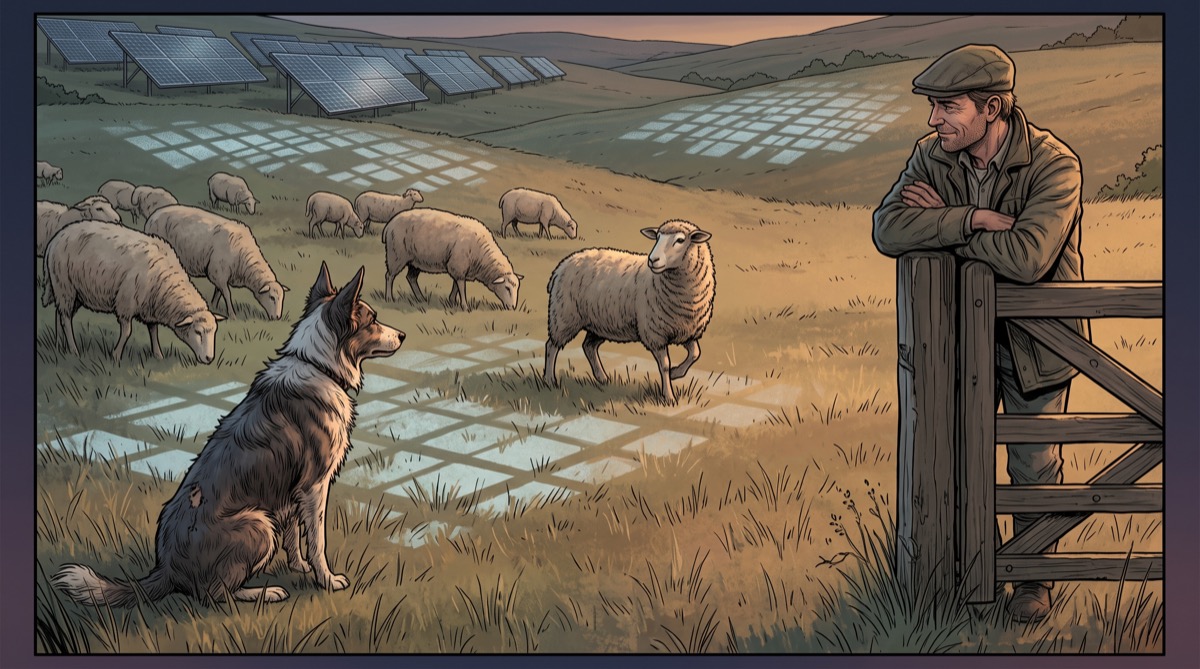 An old sheepdog sits motionless at the edge of a flock, ears angled toward a single sheep that hasn't moved yet, while a shepherd leaning on a gatepost watches the dog rather than the sheep
