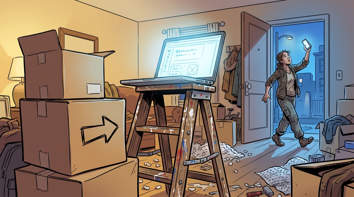 A cardboard moving box labeled only with a hand-drawn arrow points toward a laptop balanced on a step stool, a phone held up searching for signal in the doorway behind it