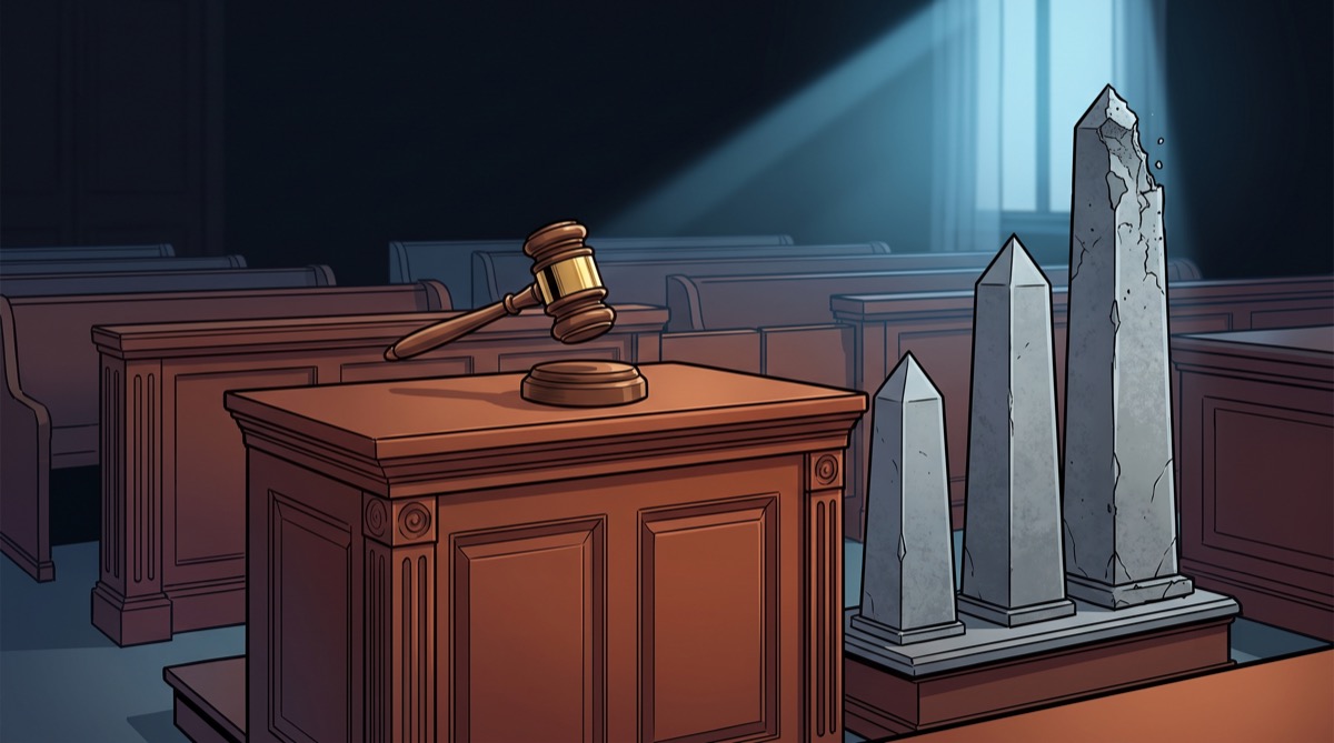 A small courtroom bench sits empty, a gavel frozen mid-strike above it, beside three stone obelisks arranged like ascending signal bars, the tallest one crumbling at the top