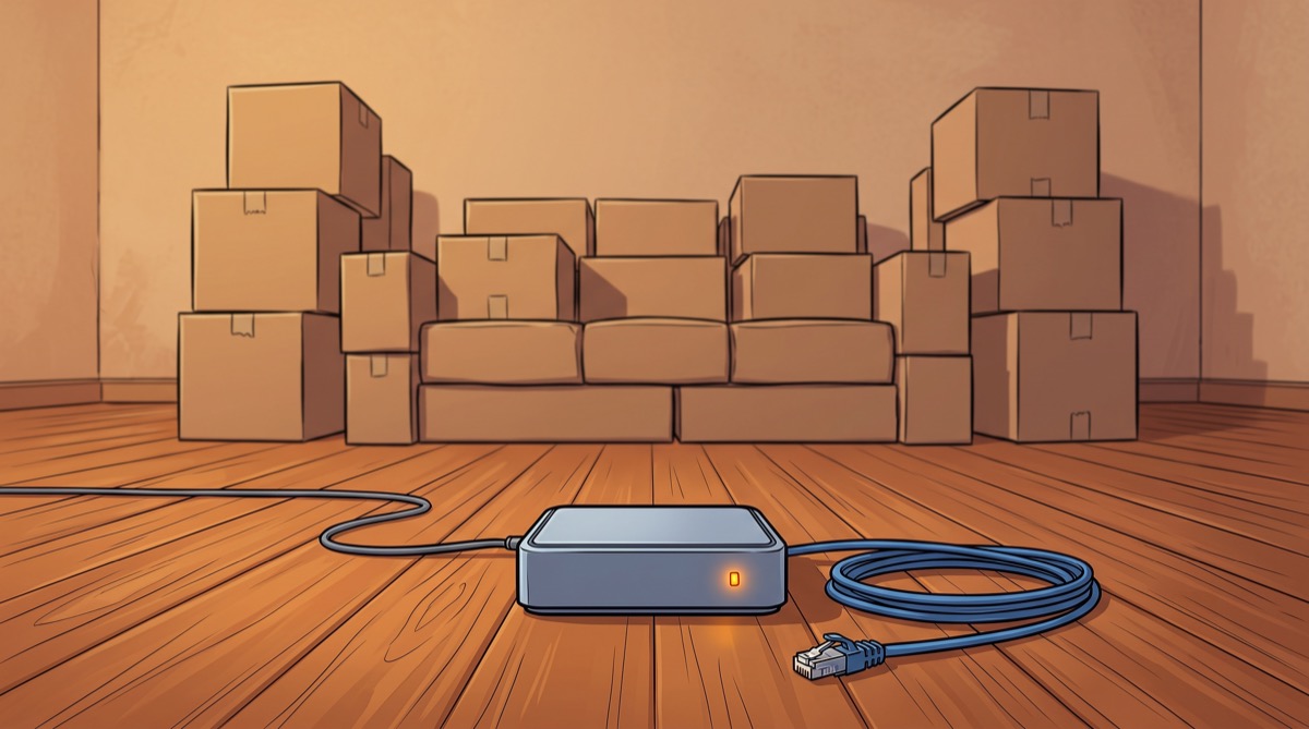 A single amber light blinks on an unplugged router sitting on an otherwise bare living room floor, surrounded by unopened moving boxes stacked into an approximation of a couch