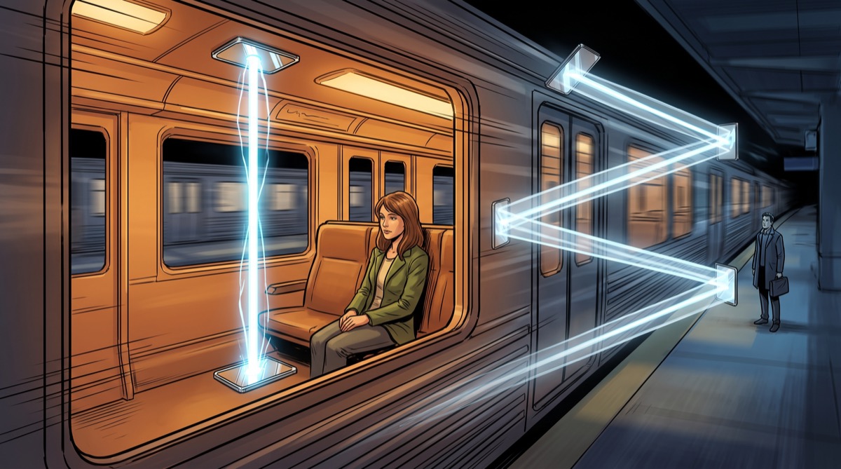 A light clock made of two mirrors bouncing a single beam of light rides inside the window of a speeding train, its beam tracing a perfectly straight vertical line for the passenger inside while, superimposed as a ghostly echo outside the glass, the same beam traces a wide diagonal zigzag for a figure watching from the platform