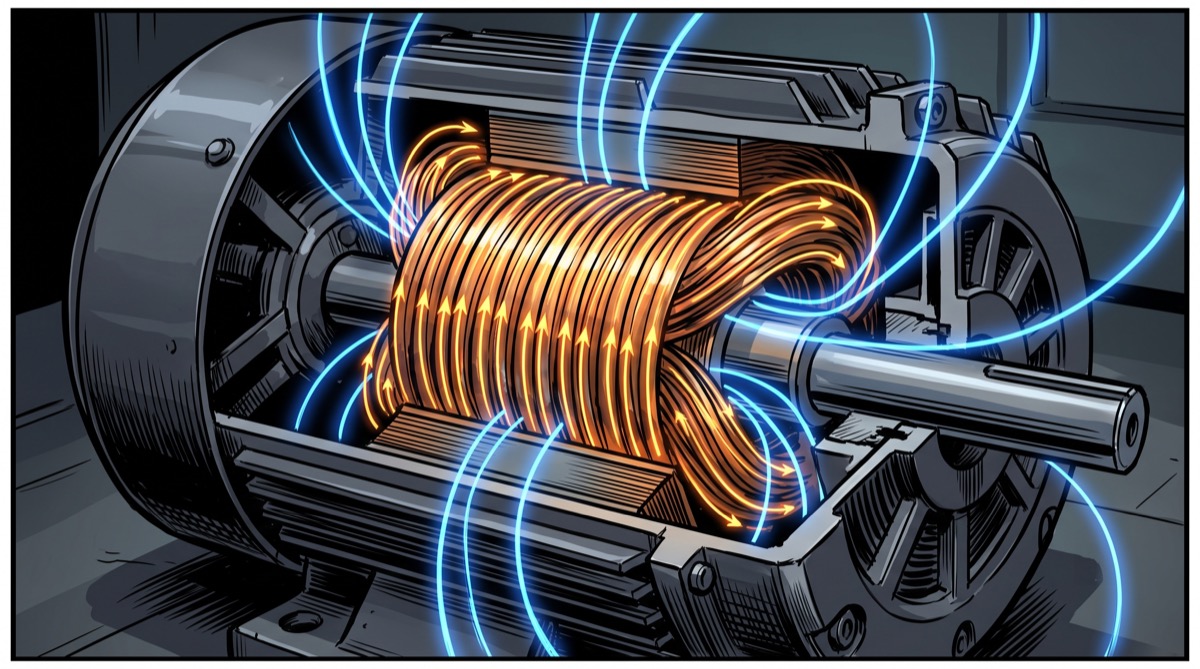 A cutaway diagram of an electric motor shows a copper coil with tightly packed current-flow lines circling it, and curved magnetic field lines bending visibly around the coil where the current runs closest, rendered as if the field itself were glowing