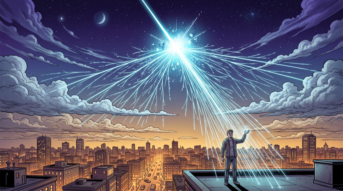 A cutaway view shows Earth's upper atmosphere where a cosmic ray strikes a molecule and produces a shower of glowing particles that streak downward through clouds, over a city skyline, and through the outstretched hand of a person on a rooftop who never looks up