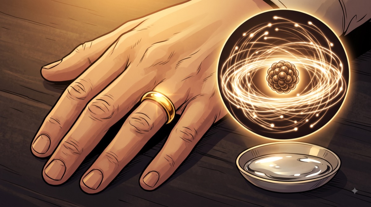 A hand wears a gleaming gold ring while, magnified at the atomic scale in a glowing inset beside it, electrons streak around a dense nucleus in tight, blurred orbits, and a small dish of liquid mercury sits nearby catching the same light