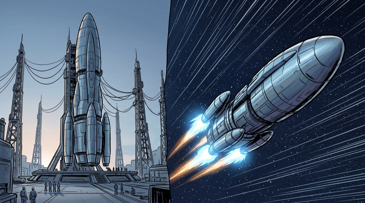 A sleek spacecraft is shown twice in the same frame, at rest on a launch pad looking long and complete on the left, and mid-flight on the right where its entire hull appears visibly compressed along the direction of travel, engines glowing, stars streaking past