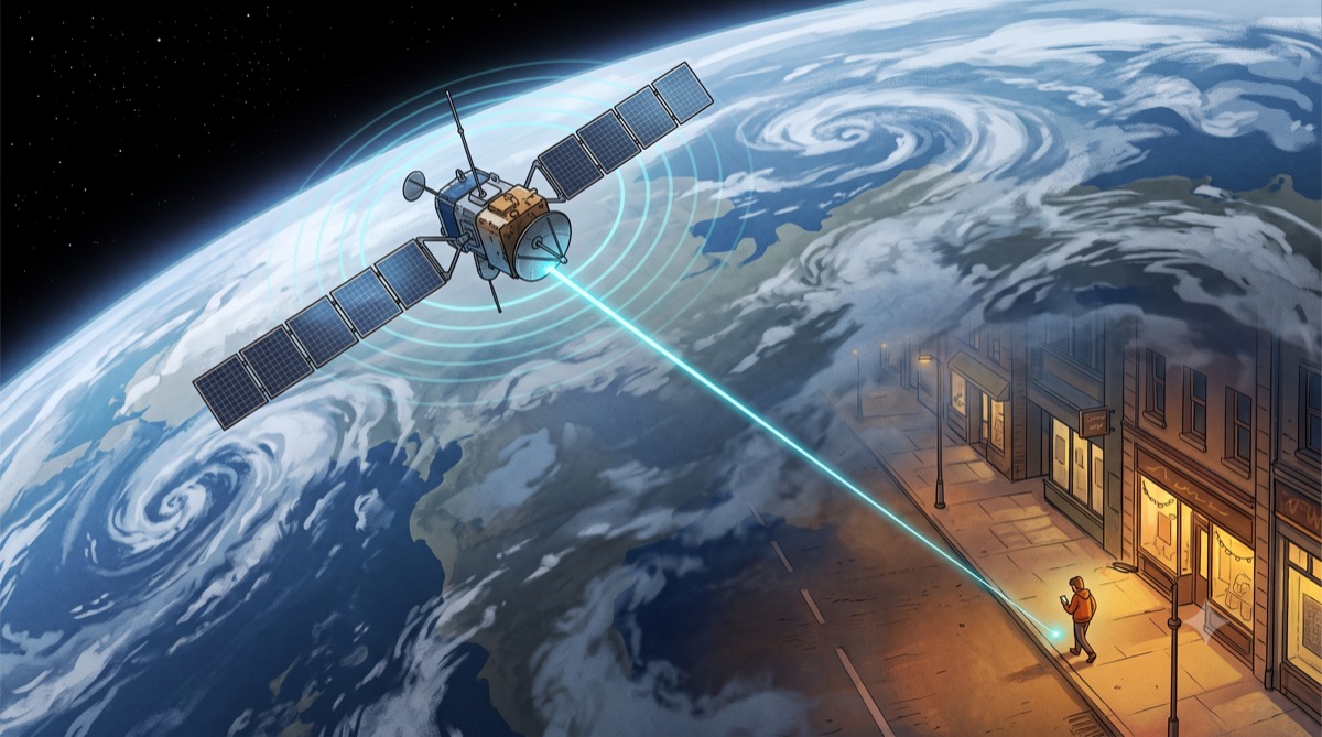 A GPS satellite orbits high above Earth's curve, a thin beam of light connecting it to a phone held by a person walking on a city sidewalk below, faint concentric rings around the satellite suggesting the different pace at which time is passing there